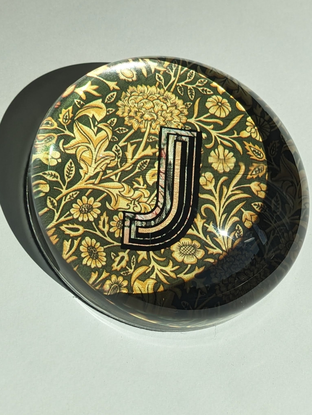 Paperweight Monogram Letter J In The Style of William Morris green & gold tones